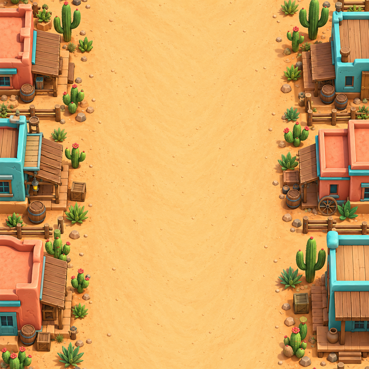 Rue de western avec saloon, tonneaux et cactus